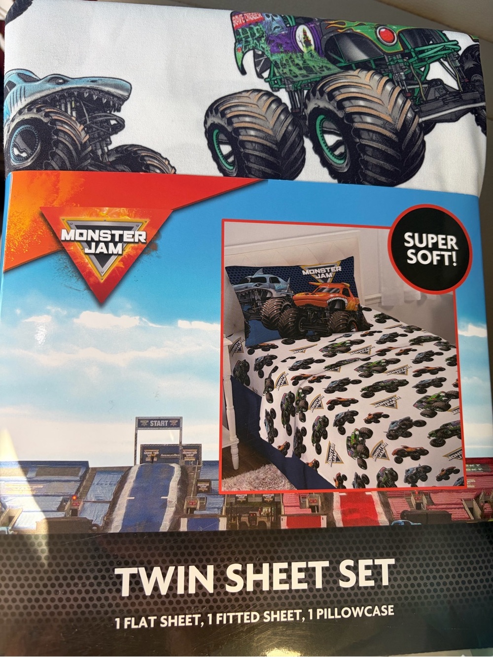 Kids Twin Sheet Set monster jam - White with Multicolor Monster Trucks
